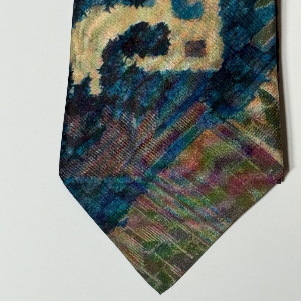 Italian All Silk Handmade Tie Abstract Geometric Teal Green Tan Multi Color